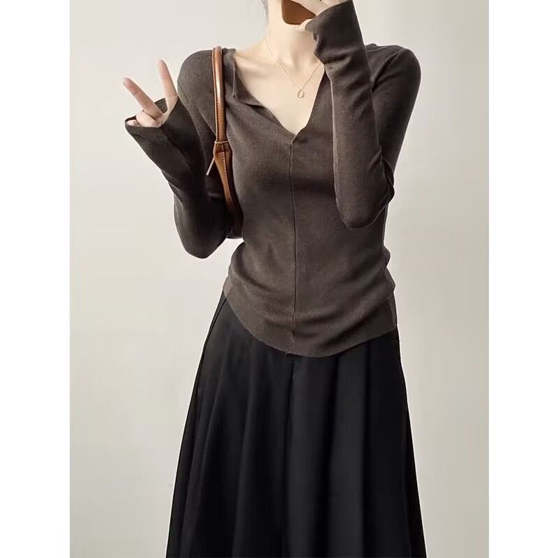 法式V领小翻领内搭针织衫女秋季洋气紧身修身打底衫毛衣长袖上衣|undefined