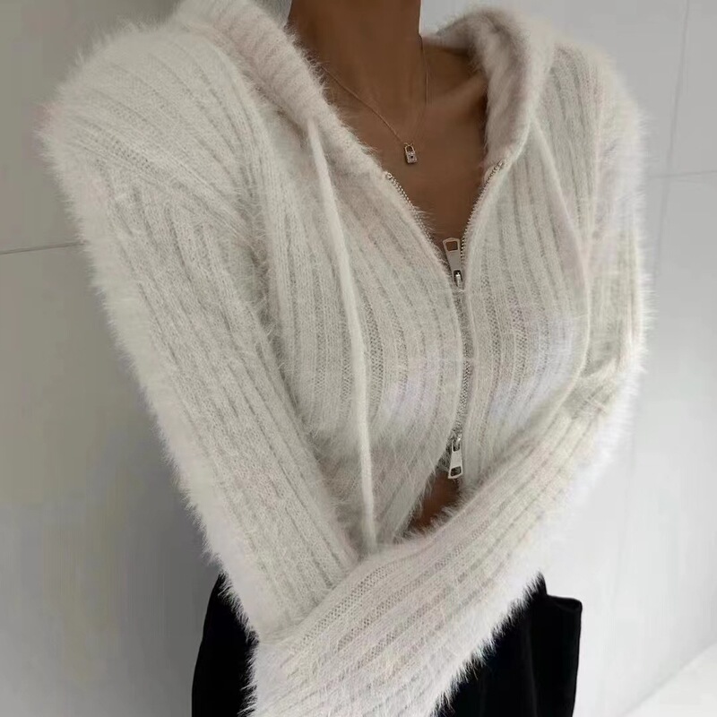 Korean Style Winter Hooded Lace-Up Double-Ended Zipper Cardigan Long-Sleeved Mohair Knitwear Women's Short Style Korean Style Winter Hooded Lace-Up Double-Ended Zipper Cardigan Long-Sleeved Mohair Knitwear Women's Short Style