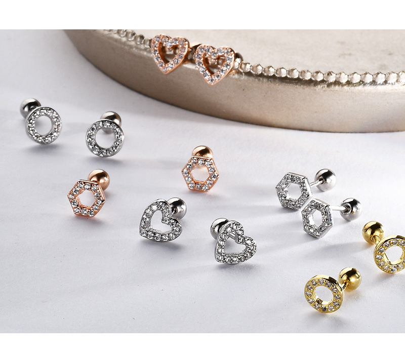 Hexagon, Round, Heart Shape Pattern 1 Pair 925 Sterling Silver Zircon Hexagon Round Heart Shape Ear Studs