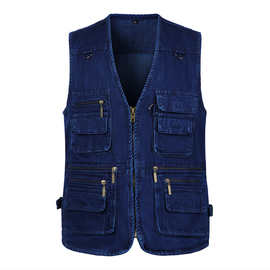 男士牛仔马甲 秋冬马夹休闲钓鱼 加肥加大码多口袋中老年工服男装