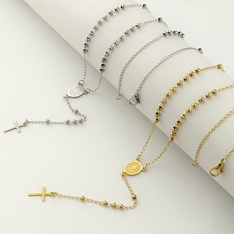 Cross-Border European and American Stainless Steel Religious Jewelry Rosary Cross High-End Luxury Women's Necklace