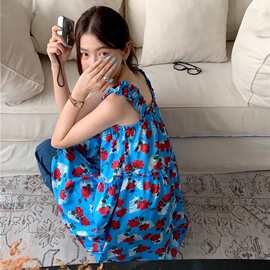 连衣裙短裙多巴胺蓝色碎花吊带连衣裙女夏海边度假沙滩裙小个子女