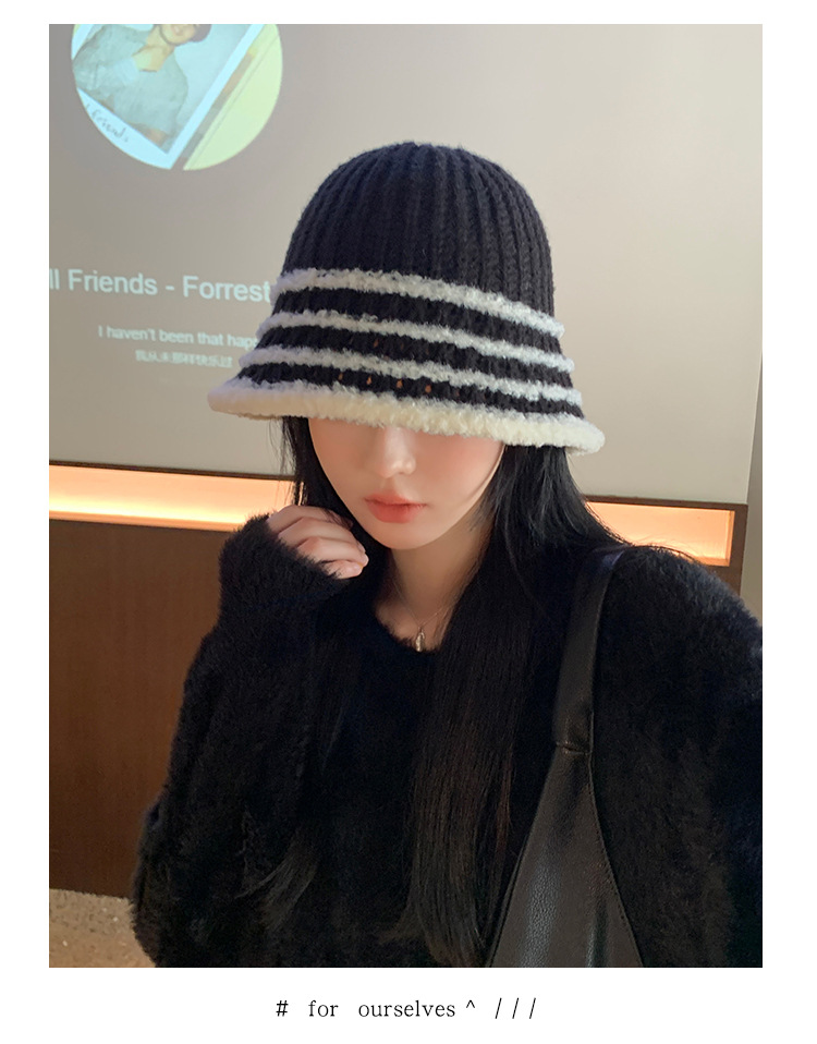 Autunno e inverno nuovo cappello coreano a righe lavorato a maglia con viso piccolo a secchiello per esterni in lana lavorata a maglia calda e alla moda_voghion.com