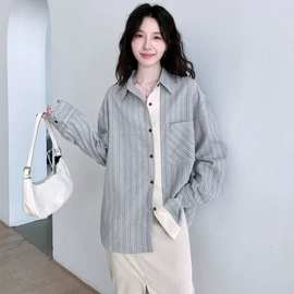 【原布加工】宽松拼接条纹长袖衬衫女秋季新款设计感衬衣外套上衣