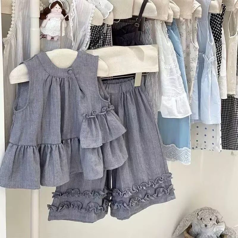 Girls' Summer Outfit Children's Vest Top + Wide-Leg Pants Two-Piece Set for Ages 3-8 Children's Clothing Wholesale