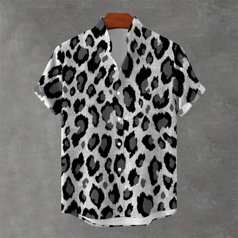 Cross-Border Hot-Selling Men's Personalized Leopard Print Short-Sleeved Shirts, Casual and Versatile Trendy Beachwear for Men, Factory Bulk Supply