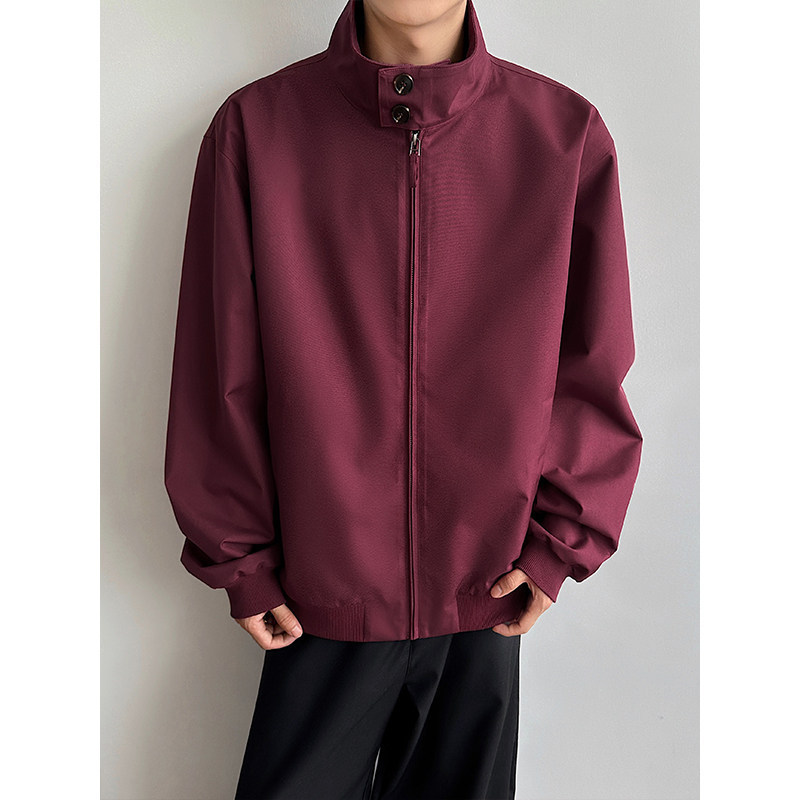 Burgundy Men's Trendy Versatile Jacket American Classic Retro Harrington Jacket Stand Collar Loose Autumn Jacket