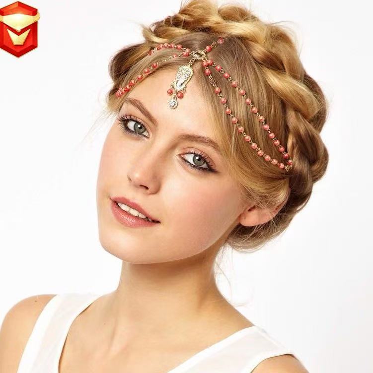 European and American Elegant Hair Accessories Cross-Border Jewelry Retro Crown Sparkling Diamond Acrylic Wooden Beads Hair Chain Headdress Headband Hairband