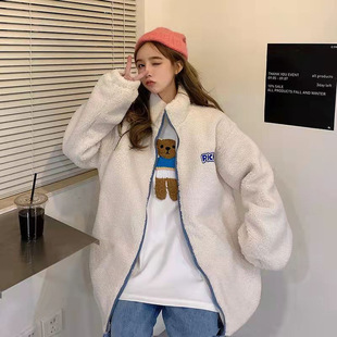 Cross-border [300g lambswool] autumn and winter fleece-lined thickened New loose all-match lazy wind warm outside students