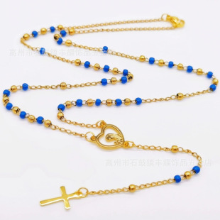 Cross-border hot sale 3mm gold room dark blue beads necklace clavicle chain stainless steel round beads necklace cross necklace