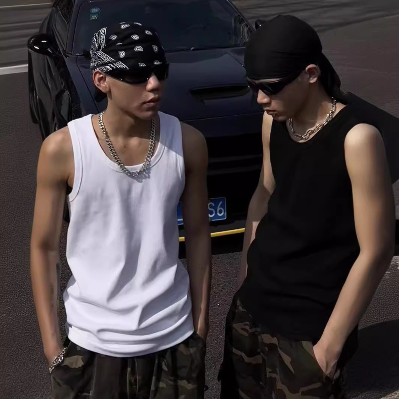 American Sports Vest Men's Summer High Elastic Tight Pit Strip Casual Sleeveless Waistcoat New Style Running Fitness Sweatshirt