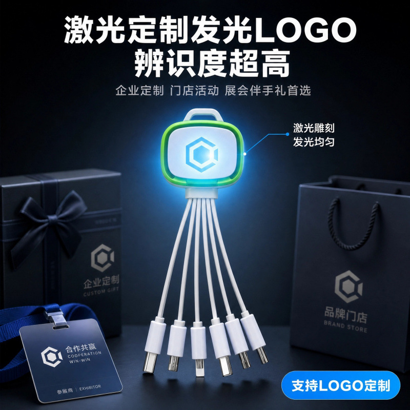 广告促销礼品三合一发光钥匙扣数据线适用苹果安卓type-c数据线