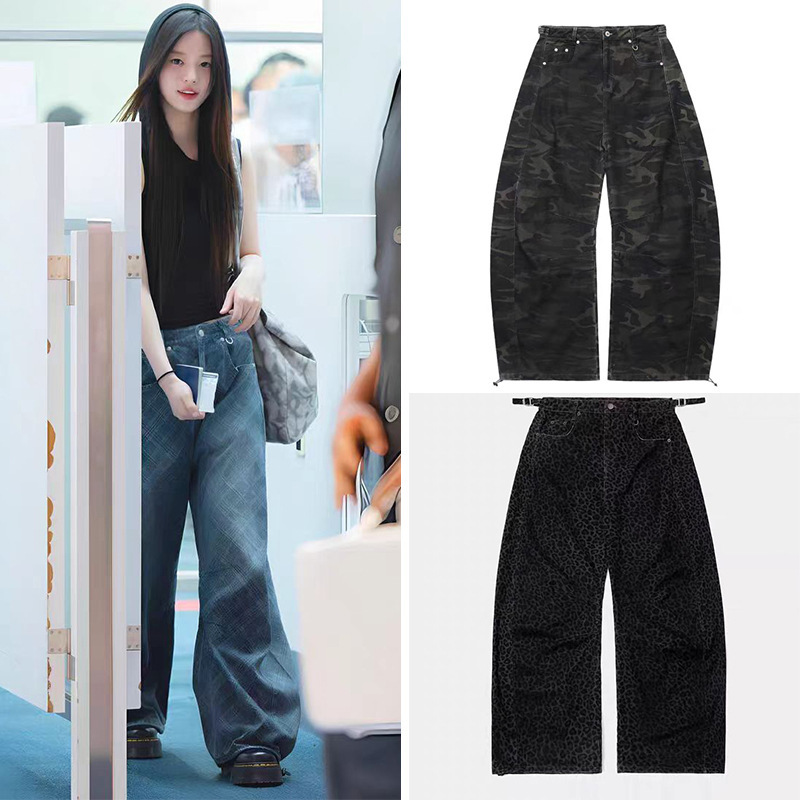 Minju Park Min-Woo's Same Style Badblood American Blue Plaid Jeans Leopard Print Camouflage Scimitar Wide-Leg Pants