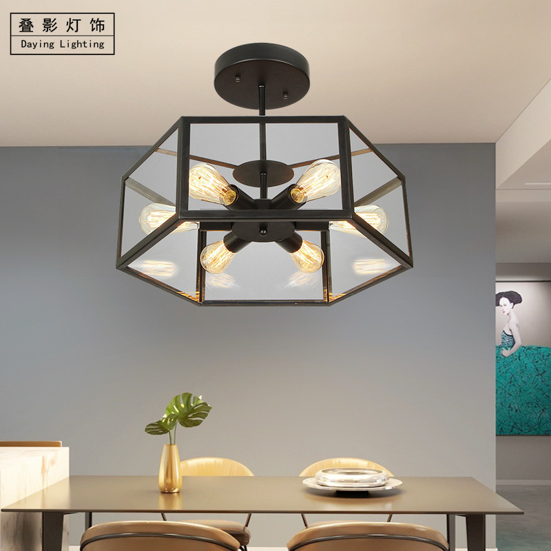 American retro industrial style 6-head glass frame chandelier dining room living room B & B hot pot barbecue shop Internet Coffee Box lamp