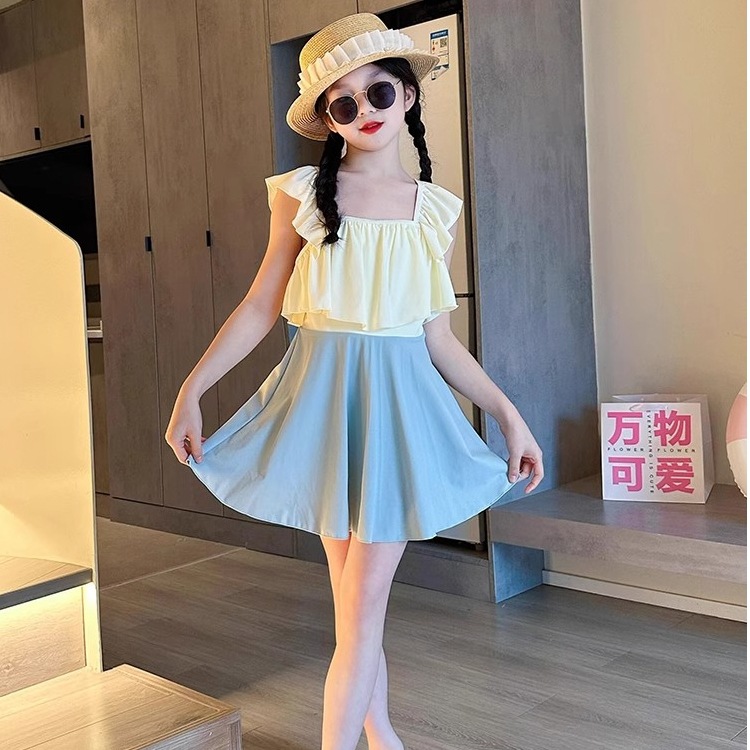 1592#女童儿童泳衣夏季新款游泳衣中大童连体裙式长袖海边防晒速