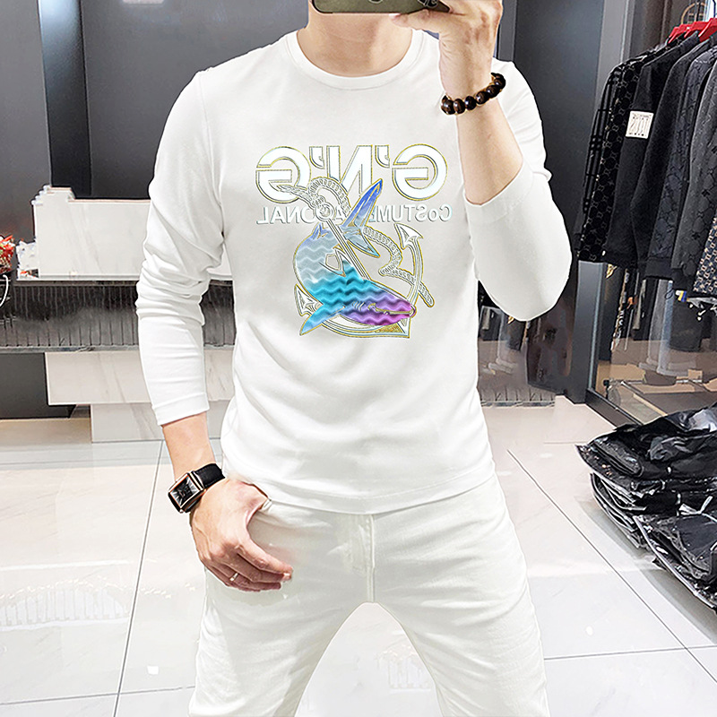 Nuova maglietta a maniche lunghe con lettere stampate in strass, maglietta da uomo con scollo tondo, comoda e traspirante per_voghion.com