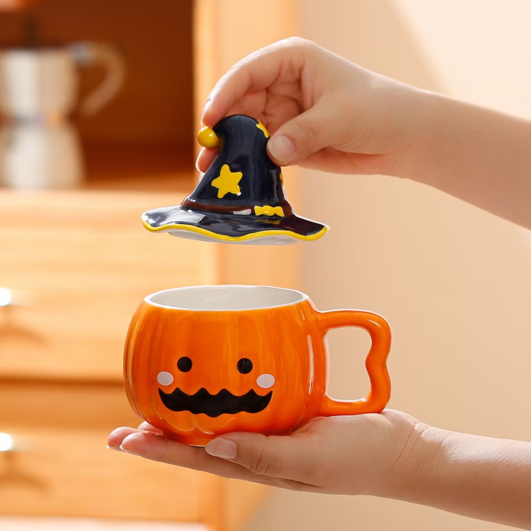 Taza de calabaza de Halloween, taza de agua cerámica encantadora, taza de café con tapa, taza creativa
