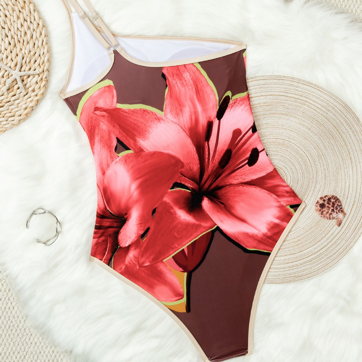Women's Floral Print Halter One-Piece Swimsuit – Backless & Elegant Cut (S-L, Scarlet Red)_voghion.com