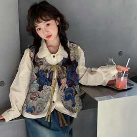韩版春秋2025季新款套装女童洋气时髦衬衣马甲牛仔半身裙三件套潮