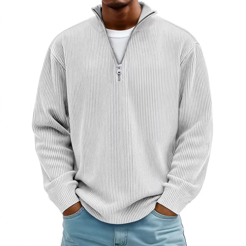 2026 European and American Cross-Border Independent Site Men's Simple and Stylish Casual Ribbed Stand Collar Zip Long Sleeve Ribbed T-Shirt
