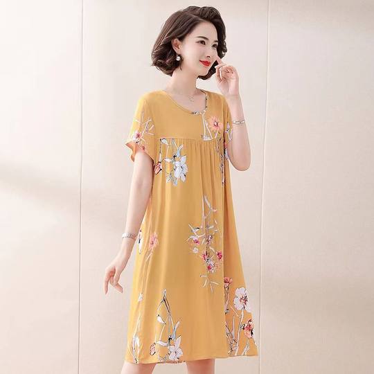 2023 new women's cotton silk printed dress short sleeve summer thin home casual cotton silk nightgown wholesale skirt
