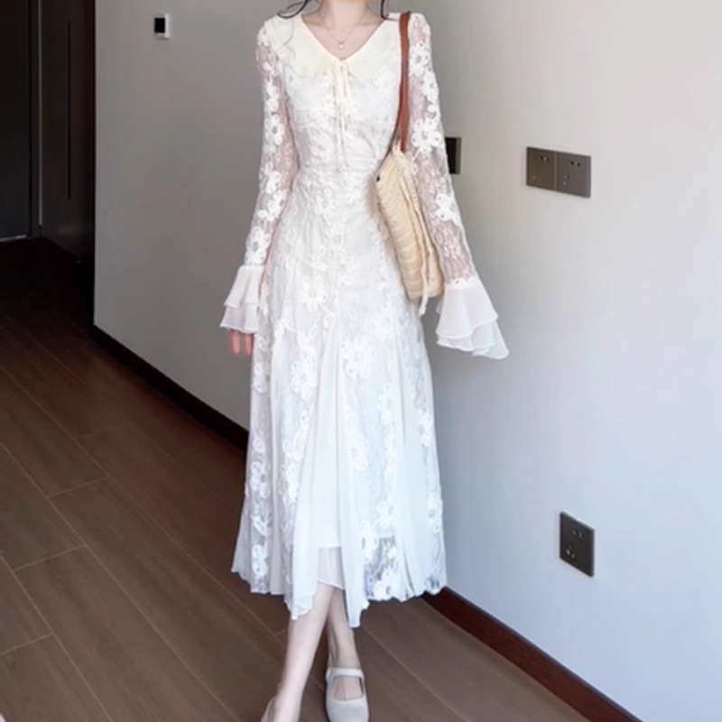 【油画栀子】气质温柔风杏色长袖连衣裙2025秋季新款超仙鱼尾裙潮|undefined