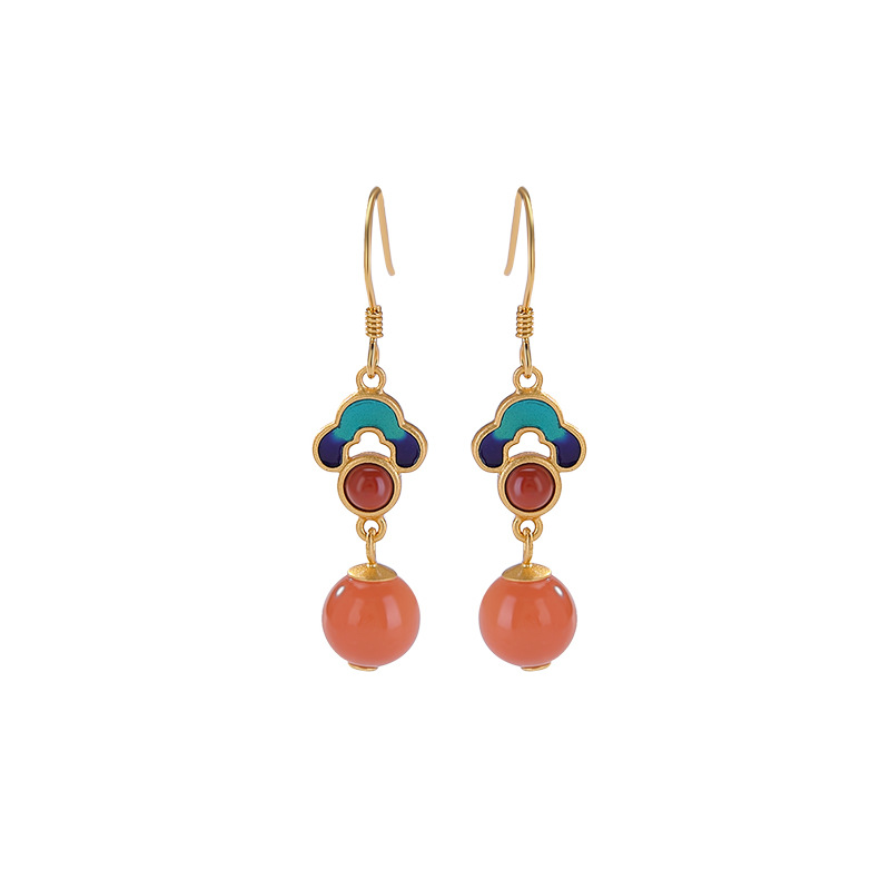 Khuyên tai dài nam bạc S925 mạ vàng nước đỏ mã não đỏ men cloisonné họa tiết Xiangyun — Một cặp