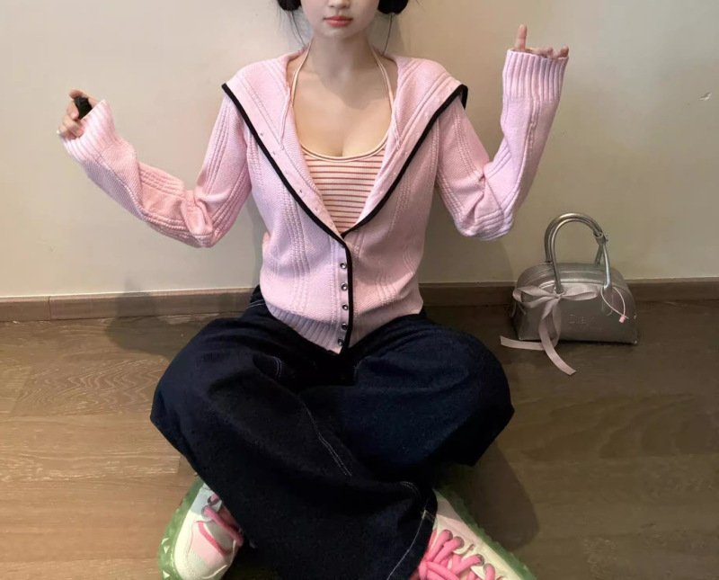 甜美撞色边慵懒学院风秋季海军领针织外套毛衣开衫女显瘦气质上衣|undefined