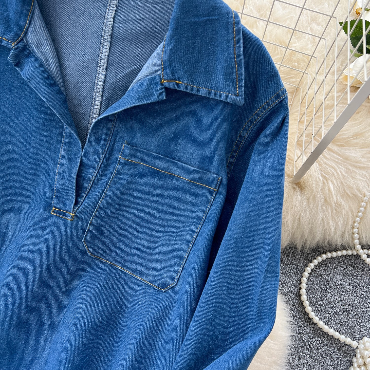 Women's Retro High-Waisted Wide-Leg Denim Pants Set With Long Sleeves Casual Autumn Fashion Top And Bottom Piece_ecoleips.com