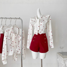 2025实拍秋季法式复古修身长袖波点衬衫+西装短裤两件套装