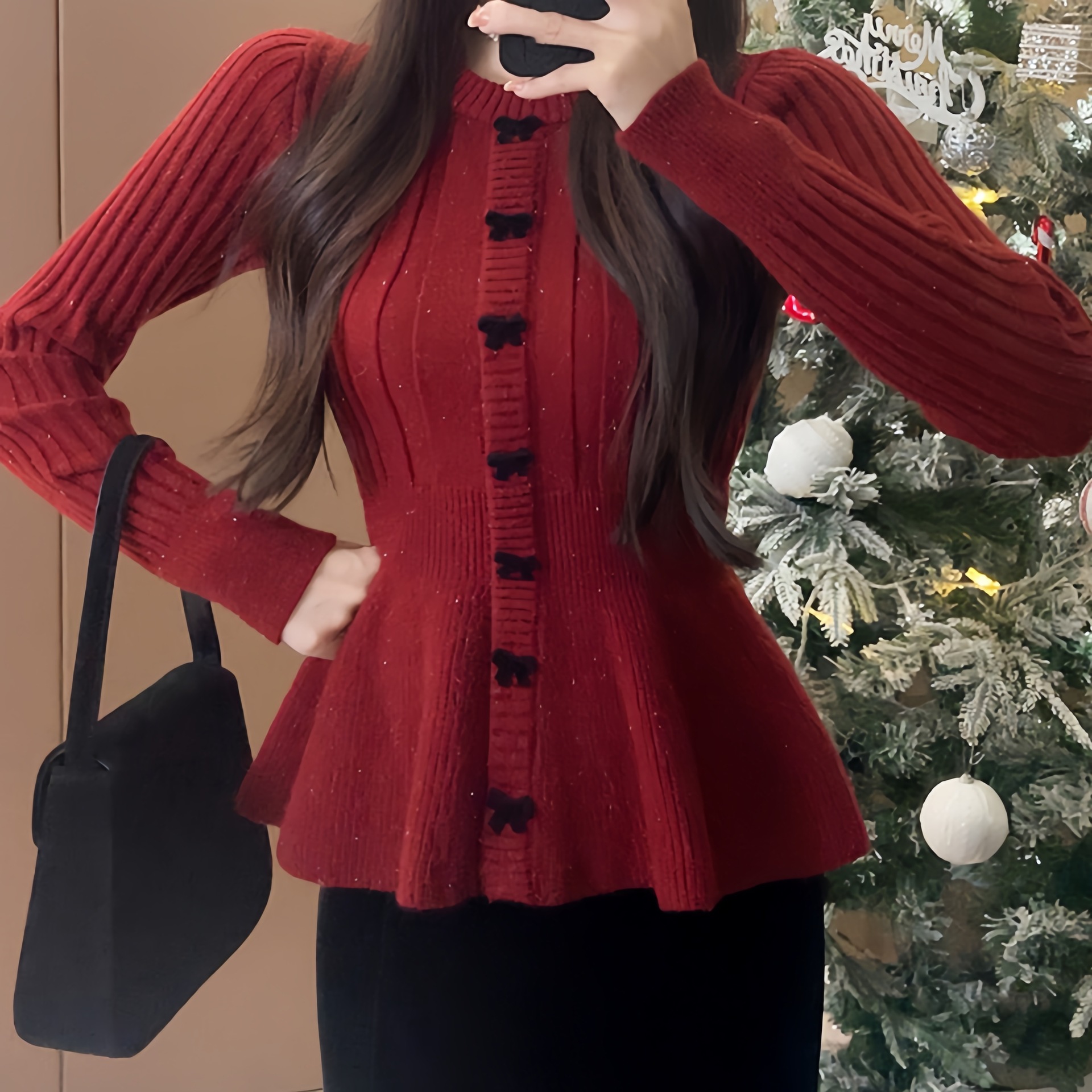 Knitted autumn design elegant sweater with a round collar with bow