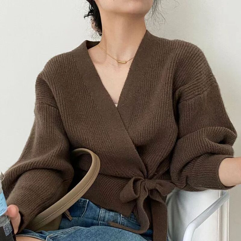 早秋蝴蝶结绑带V领针织衫女短款高腰开衫毛衣外套外搭设计感上衣|undefined