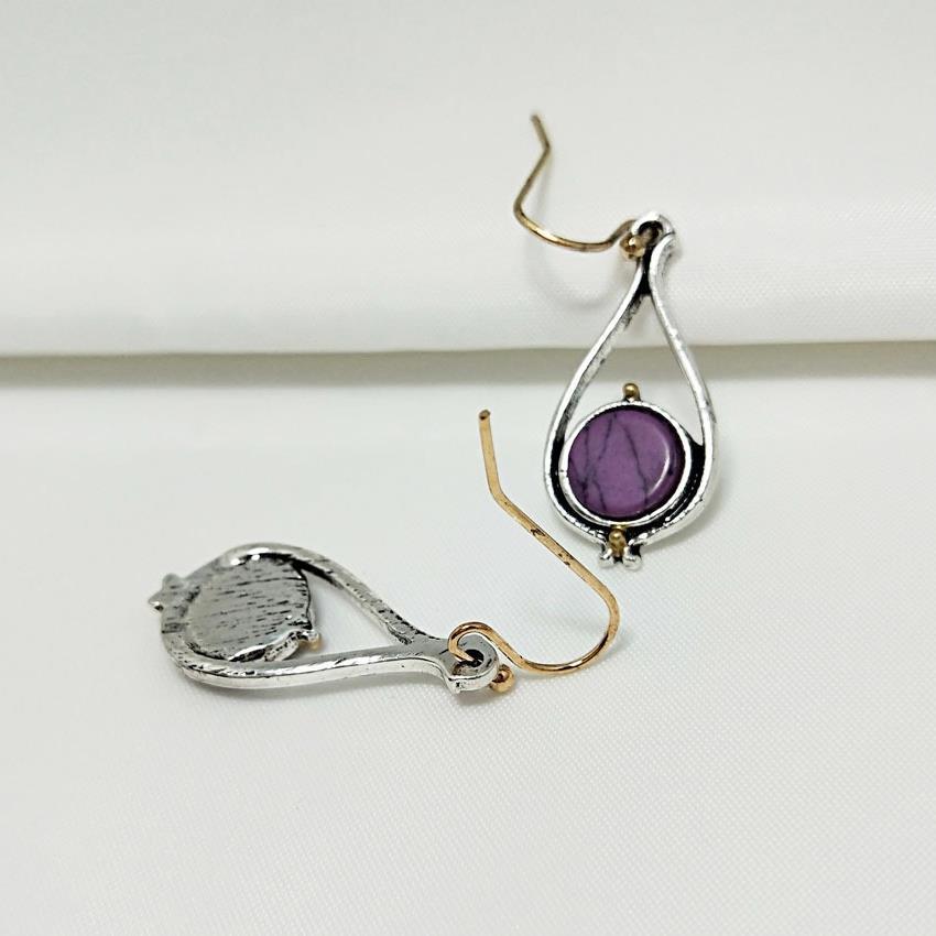 欧美创意镶嵌紫色松石玫瑰花朵耳坠 奢华镀14k金银分色耳环