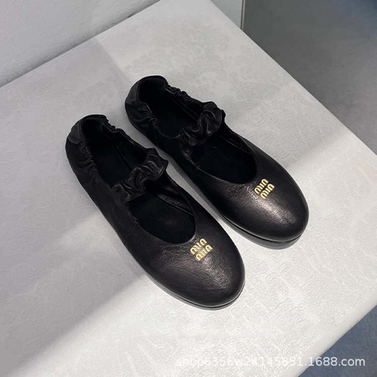 Miu family elastic band ballet shoes women's 2025 new genuine leather soft bottom Mary Jane shoes round toe low vat flat shoes