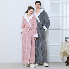 temu跨境加长连帽提花法兰绒睡袍女加厚保暖情侣家居服睡衣浴袍