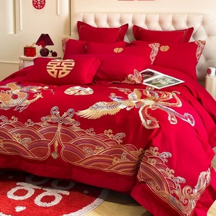 Wholesale Dragon and Phoenix Embroidery Wedding Four-Piece Set Big Red Quilt Cover Cotton Wedding Bedding Wedding Room Wedding Quilt