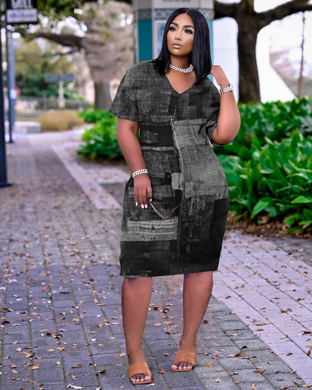 loose V-neck faux denim print dress with pockets NSQKT127496