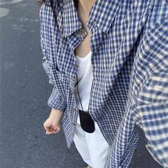 レトロブルー長袖チェック柄シャツ女性の初秋怠惰なスタイルトップカジュアルチェック柄ジャケットルーズアウターシャツ