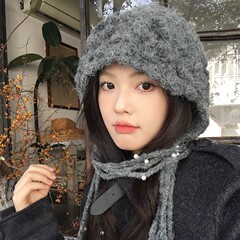 复古立体花朵手工针织帽女秋冬显脸小珍珠流苏毛线帽保暖包头帽子