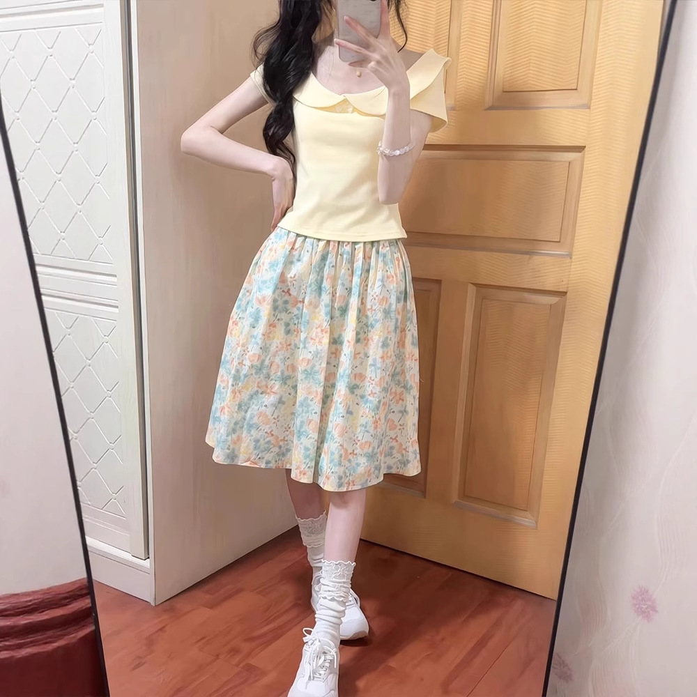 Floral Midi Skirt for Women, Summer New Style, Petite Japanese Sweet High-Waisted Slimming Mid-Length Puffy A-Line Skirt