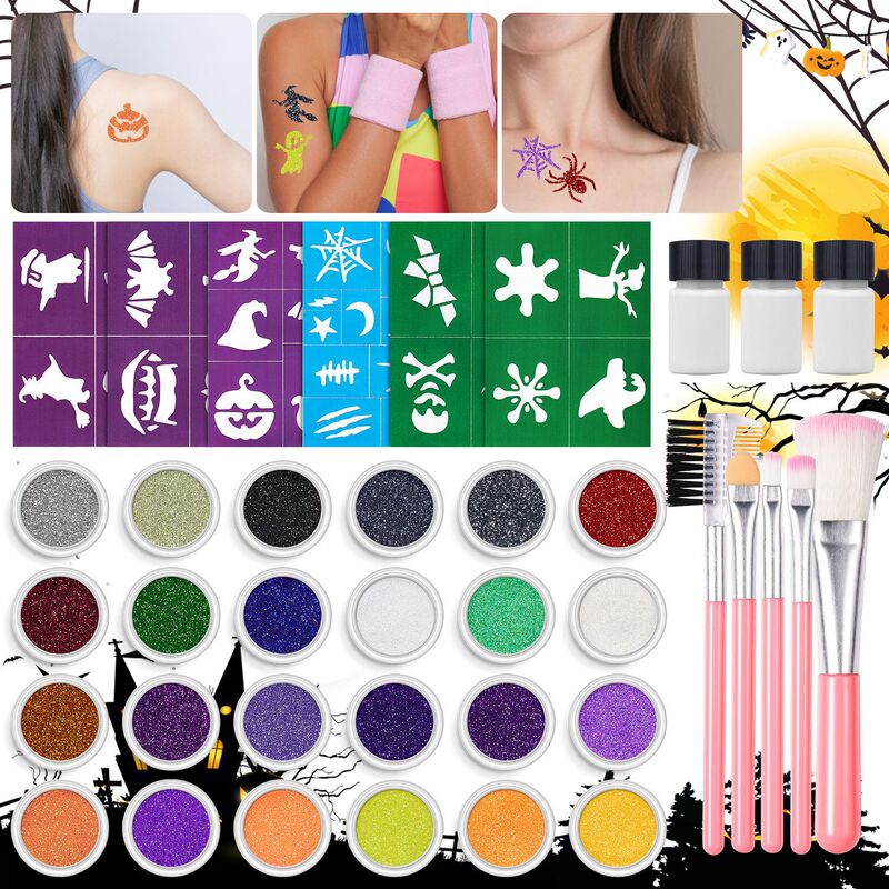 Cross-Border Halloween Glitter Tattoo Sticker Set Pumpkin Body Glitter Powder Sequin Decorative Tattoo Glue Tool