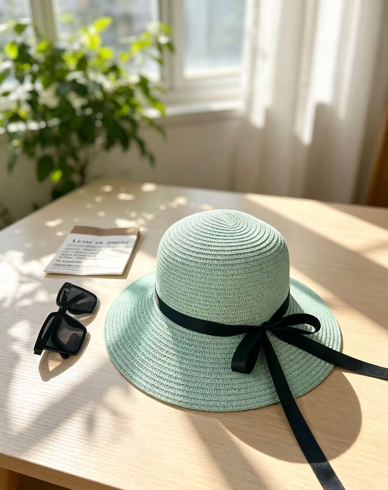 Sombrero de paja para el sol de verano para mujer con lazo de cinta negra, sombrero de ala ancha, sombrero tipo cubo para adultos, sombrero de protección solar para mujer con ala ancha.