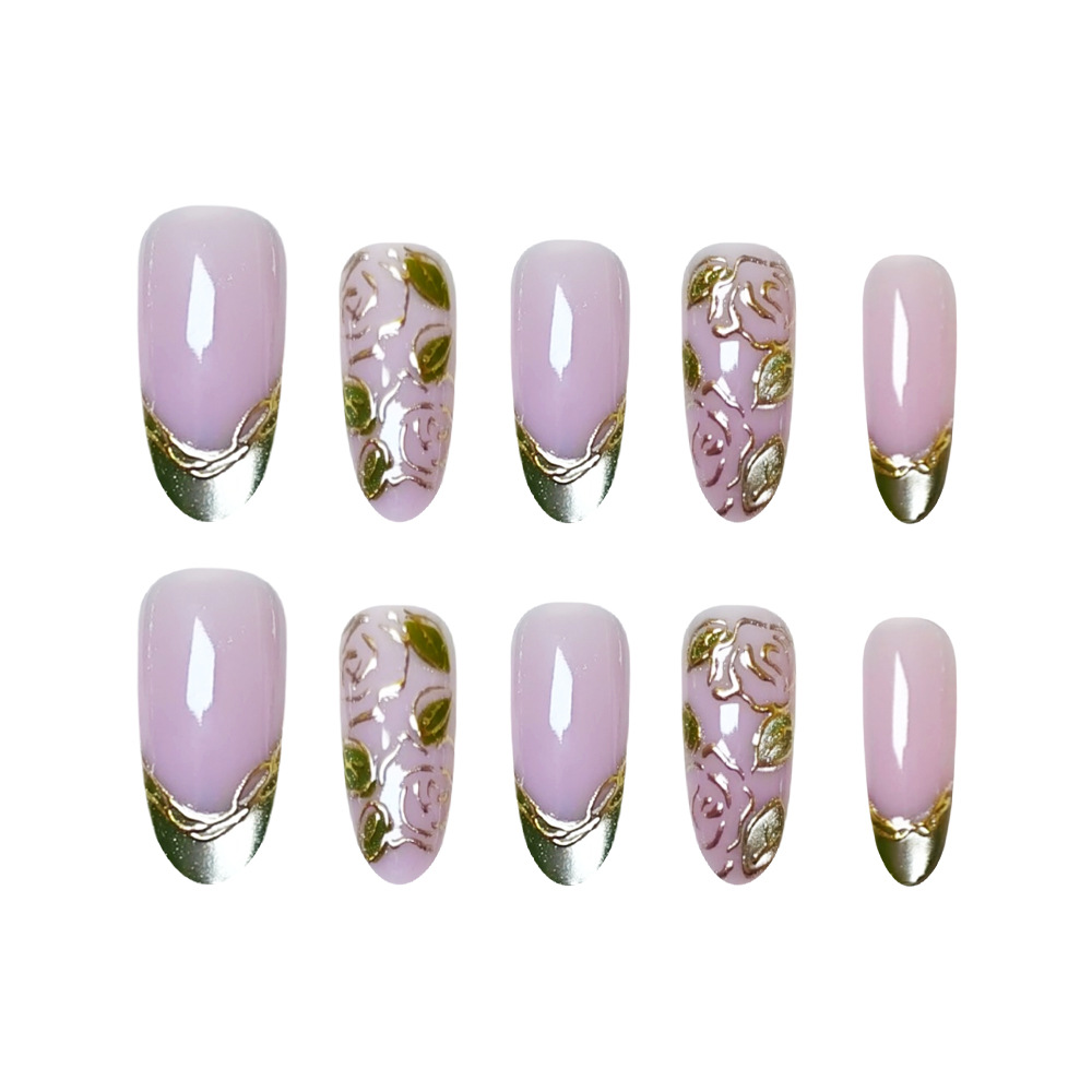 3D estereoscópico Leaf Gold Green Cat Eye Uña francesa 30 piezas de niebla violeta blanca manicura falsa transfronteriza suministro directo image 5
