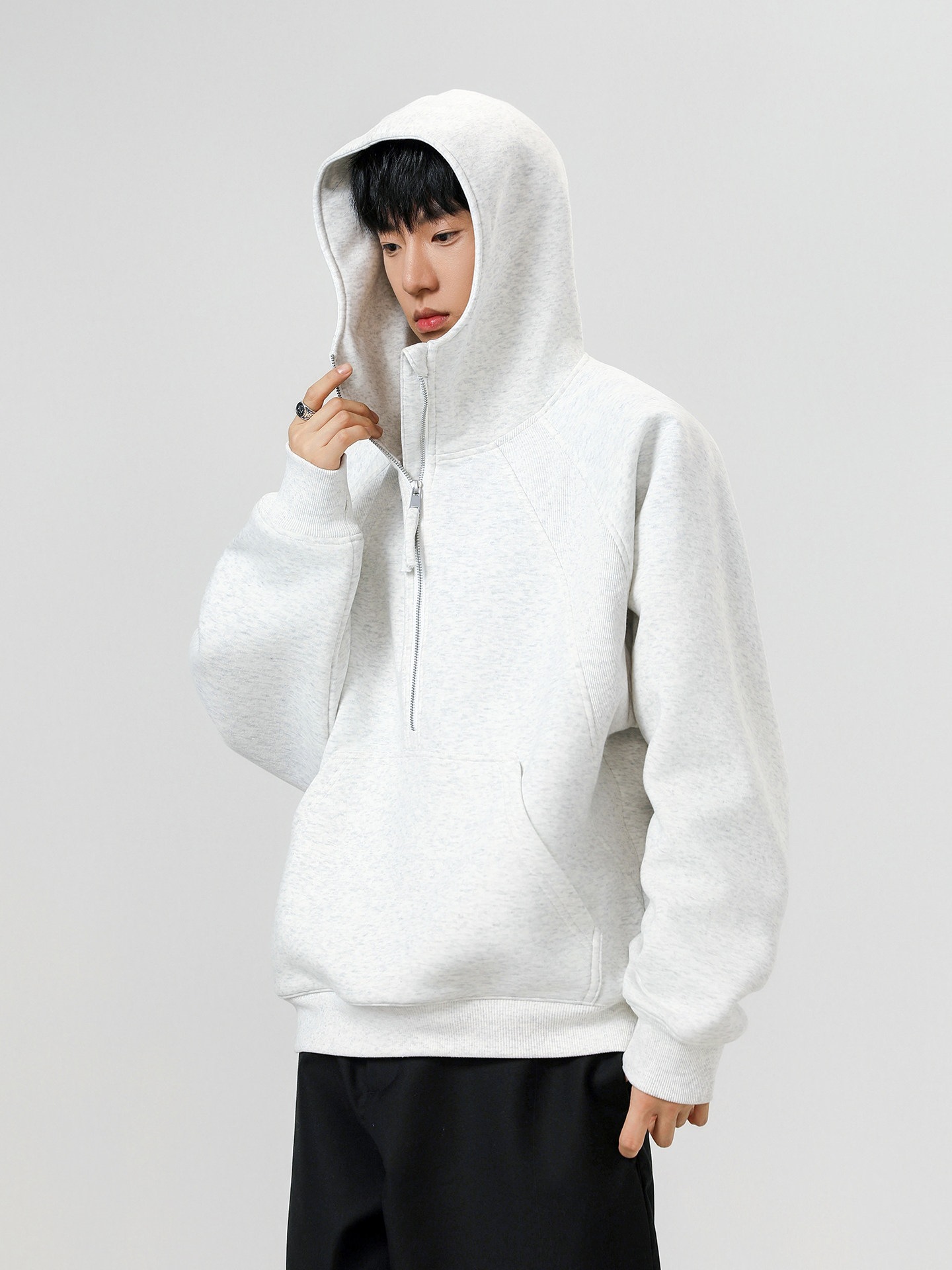 Men's autumn half-heavyweight patchwork trendy brand hooded jacket, black loose-fitting short zip-up coat with a structured upper