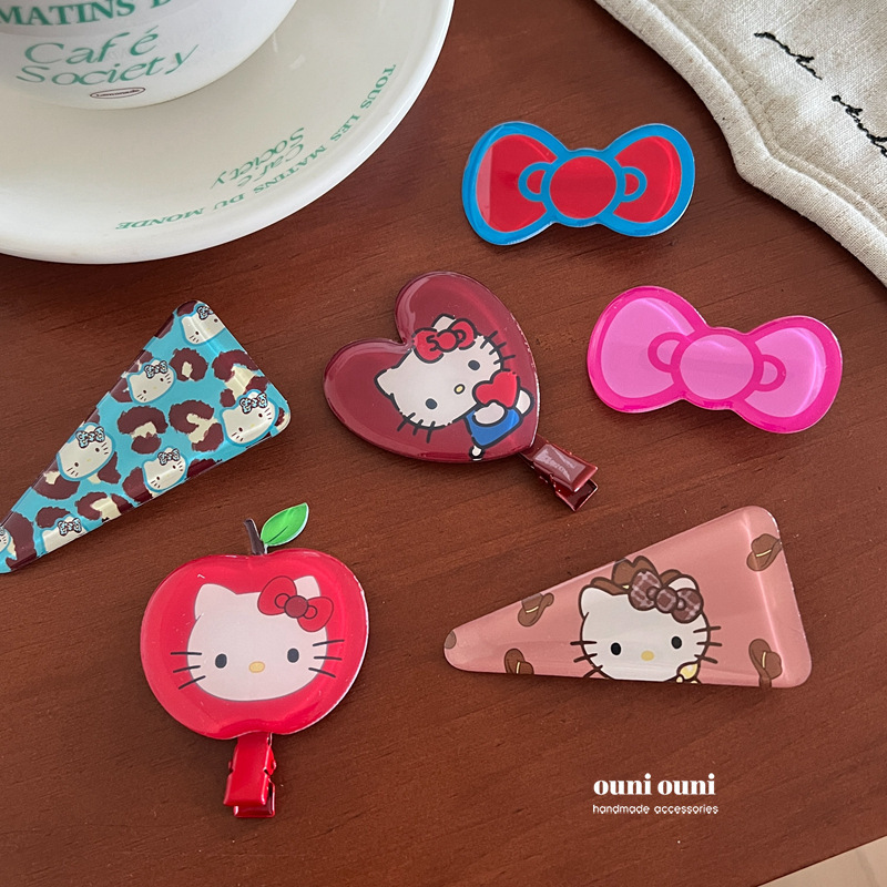Kitty商店！质感滴胶蝴蝶结猫咪   发夹鸭嘴夹时髦豹纹三角发卡发|undefined