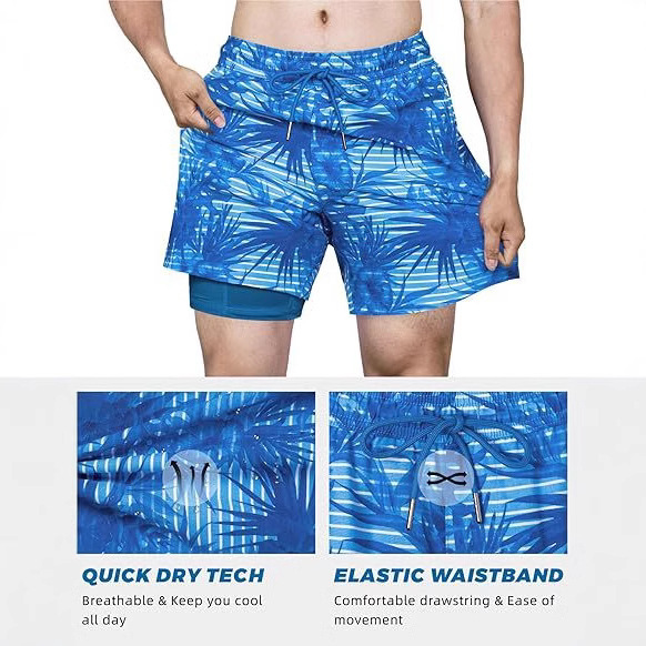Men's Swim Trunks with Compression Lining Swim Shorts Quick-drying Swimsuit Swim Trunks Zipper Pocket Beach Trunks for Water