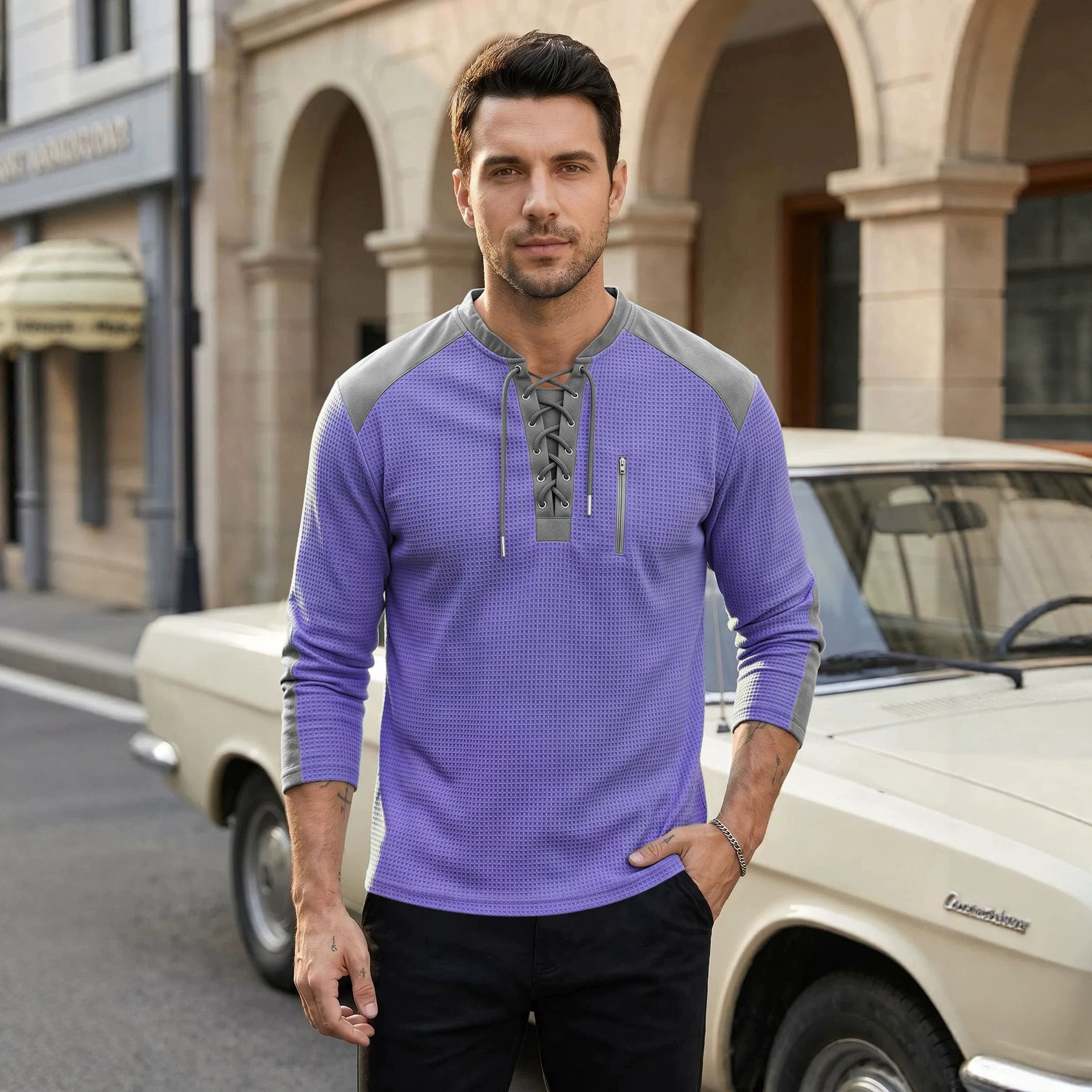 Europa y Estados Unidos transfronterizos hombres primavera y otoño correa chaqueta de color waffle manga larga ocio comercio exterior deporte chaqueta transpirable
