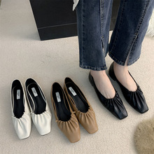 法式奶奶单鞋秋方头褶皱蝴蝶结平底瓢鞋仙女风百搭职业上班工作鞋