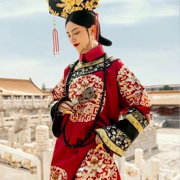清朝皇帝吉服服装皇后故宫格格印花写真小品旗服氅衣古装古风|undefined