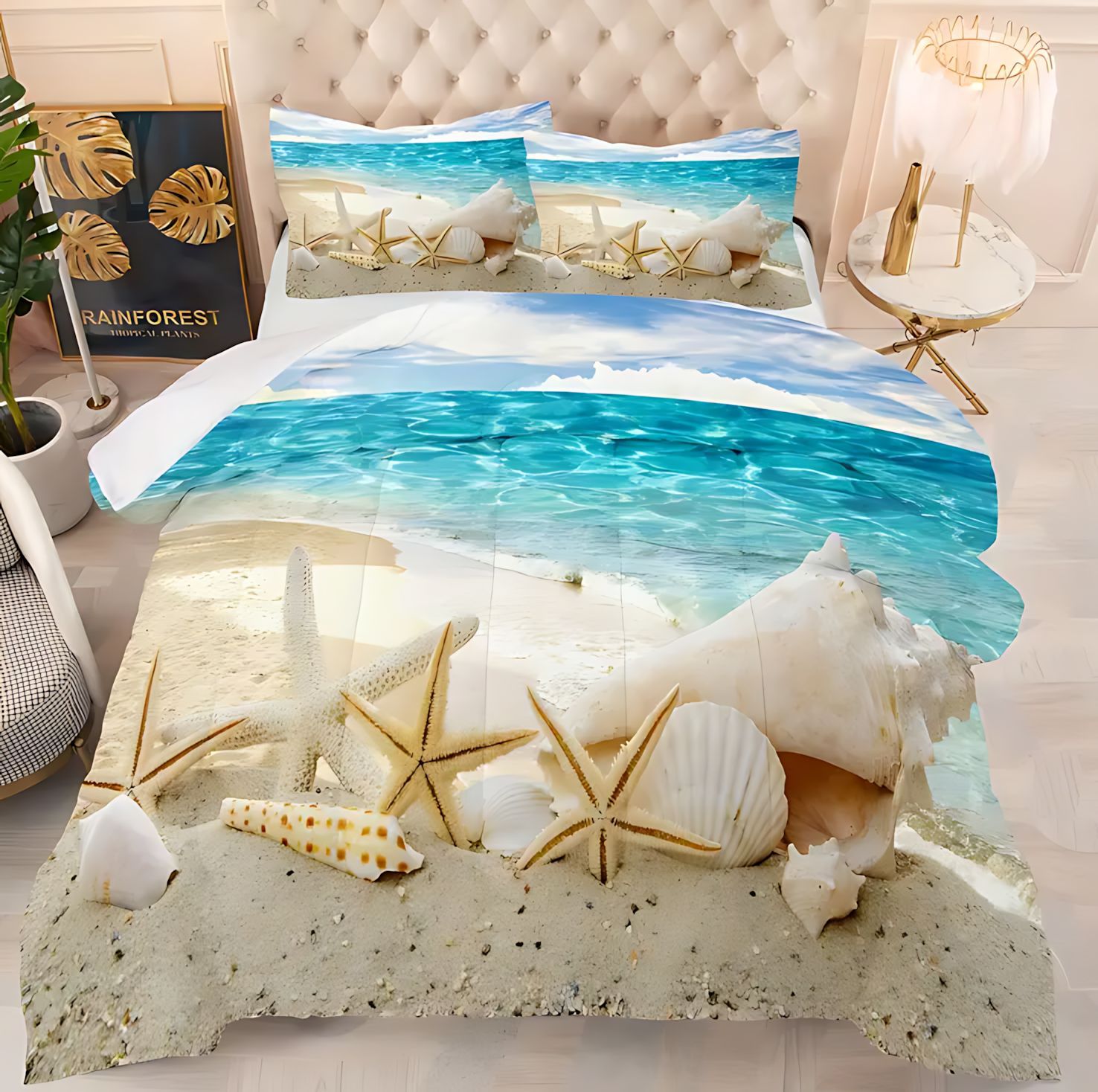 TEMU / JIT transfronterizo ocio vista al mar impresión digital 180gms suave y cómodo edredón conjunto de ropa de cama